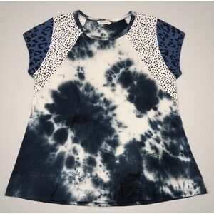 REB. in J. Womens Large Tie Dye Mixed Media Animal Print Short Sleeve Top Size L